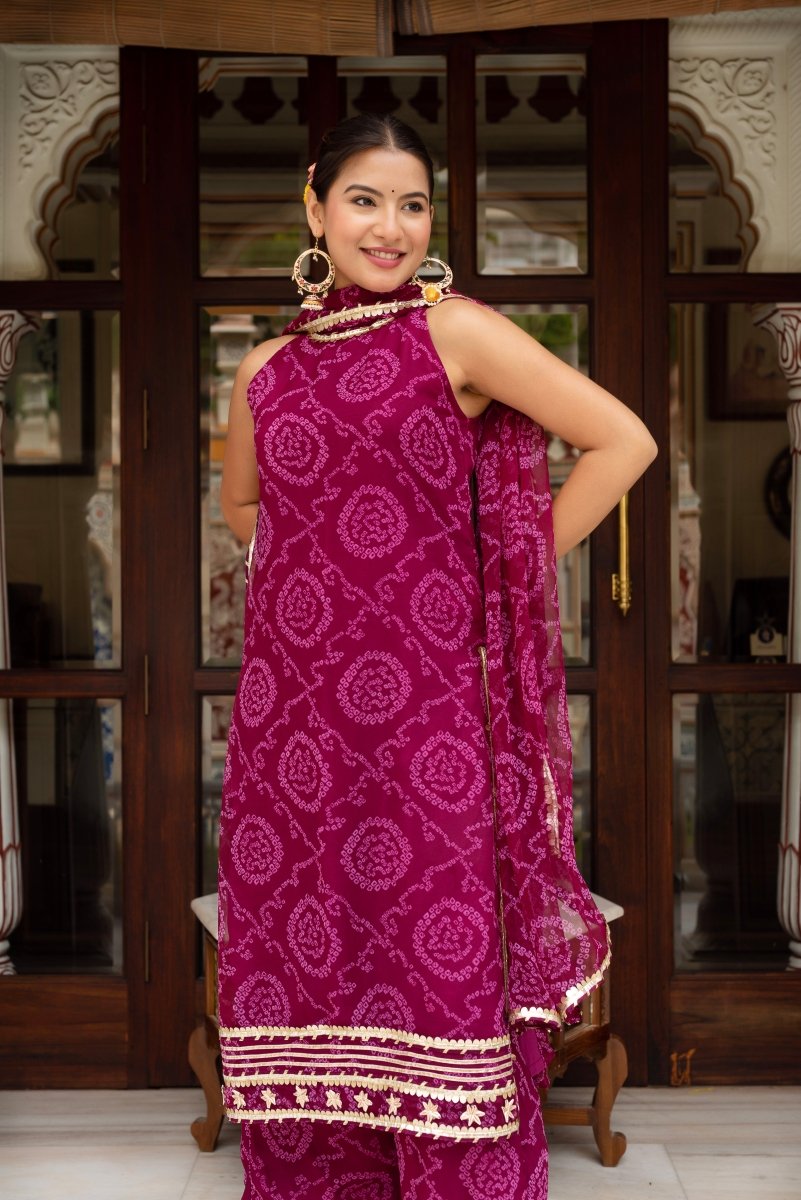 Bandhej kurta pant dupatta set