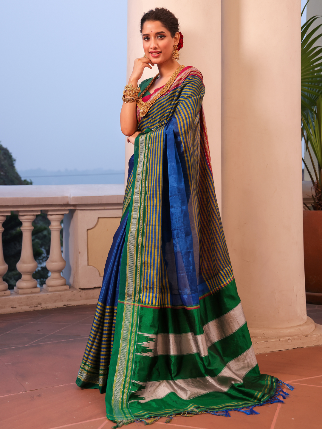Pure Ilkal Saree in Blue and Green Pallu – Reet Lifestyle