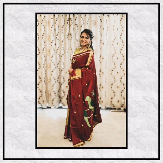 Women's Maroon Khun Paithani Saree With Parrot Print 1080