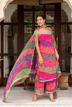 Women's Multicolor Bandhej Gota Patti Kurta Set with Dupatta