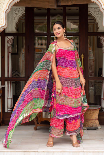 Women's Multicolor Bandhej Gota Patti Kurta Set with Dupatta