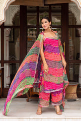Women's Multicolor Bandhej Gota Patti Kurta Set with Dupatta
