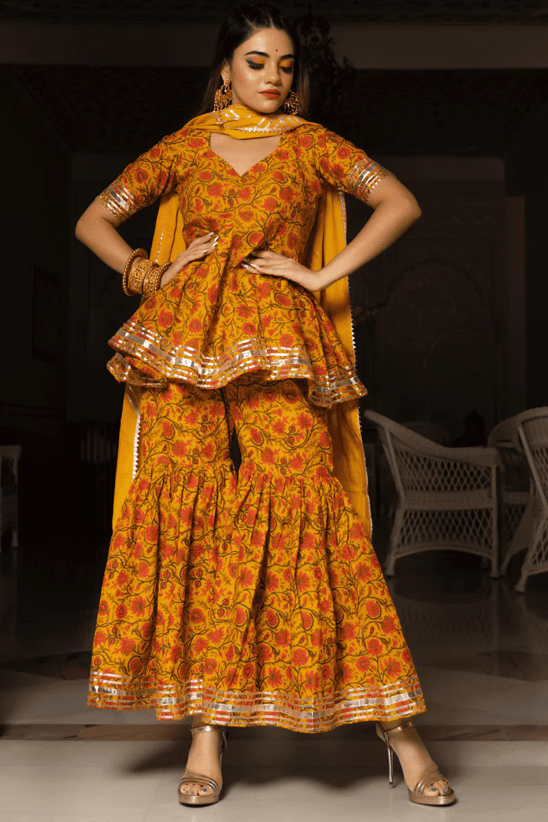 Mustard Yellow Cotton Sharara Set with Dupatta