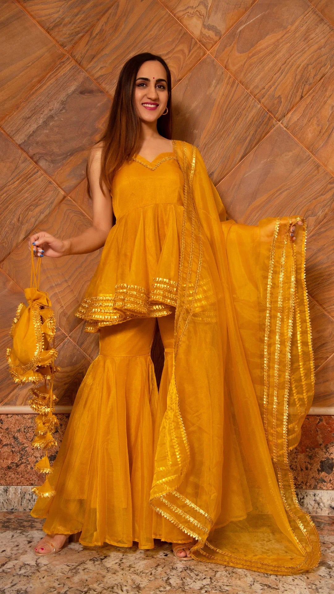 mustard organza sharara set