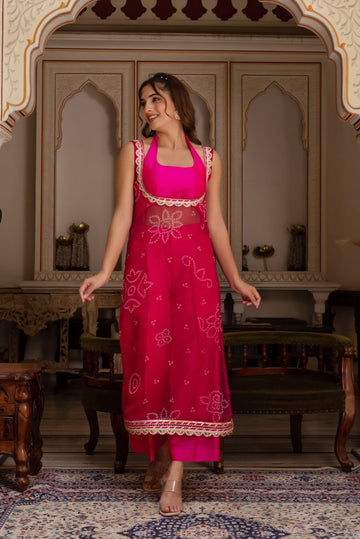 Women's Pink Bandhej Kurta Set with Pant and Blouse