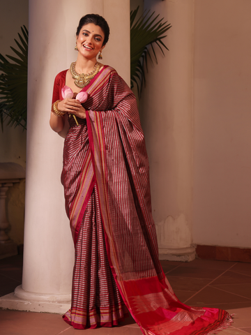 Women's Pink & White Ilkal Handloom Saree