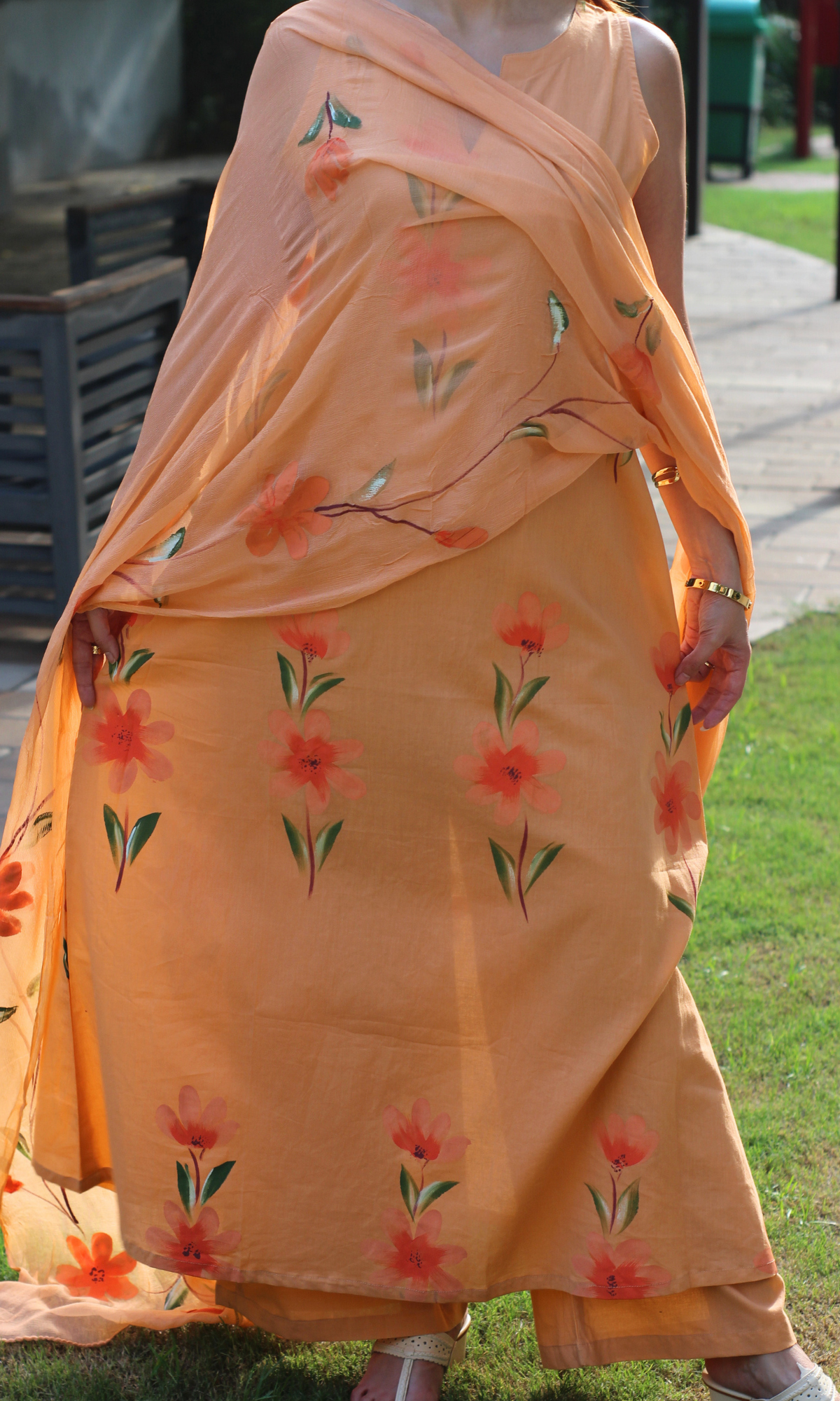 Saffron kurta with chiffon dupatta