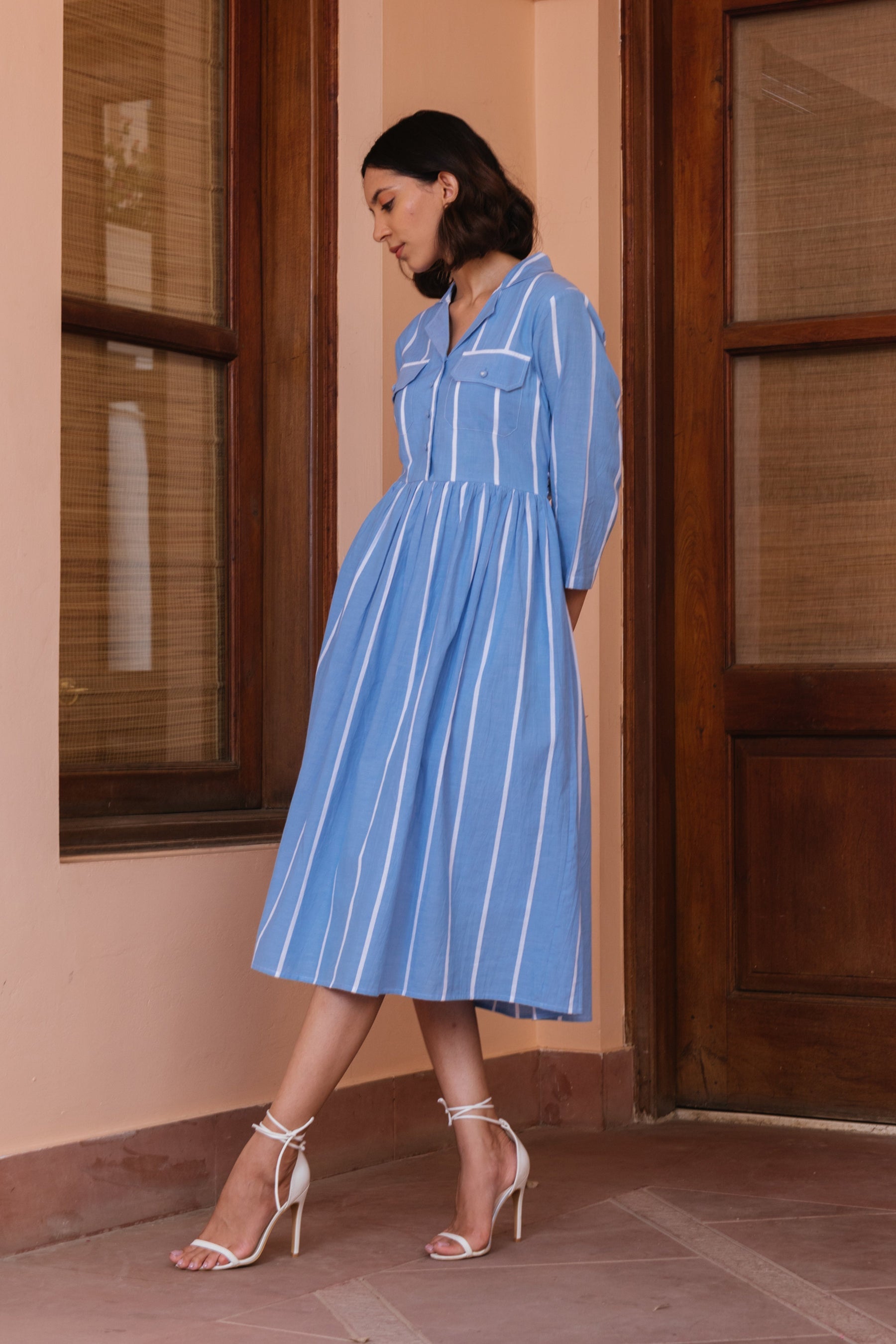 blue and white stripe dress