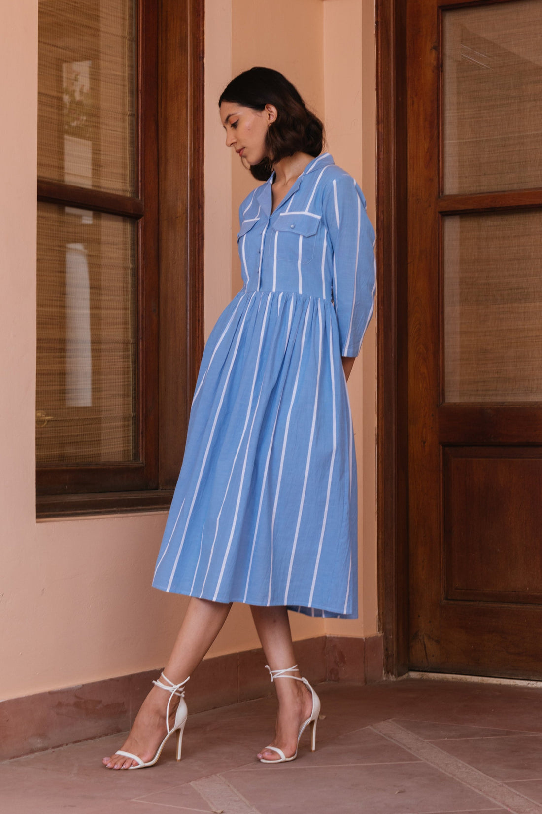 blue and white stripe dress