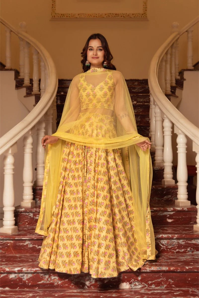 Sunhari Yellow Cotton Lehenga Set with Dupatta for Women