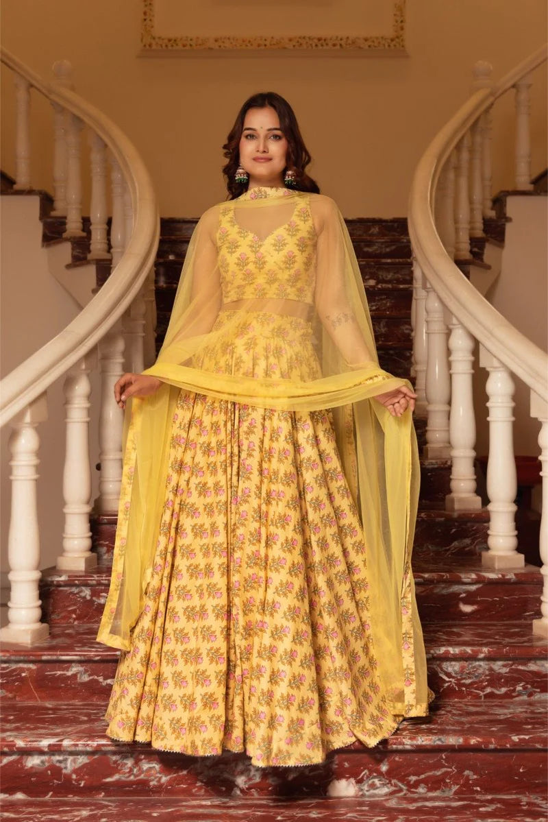 Sunhari Yellow Cotton Lehenga Set with Dupatta for Women