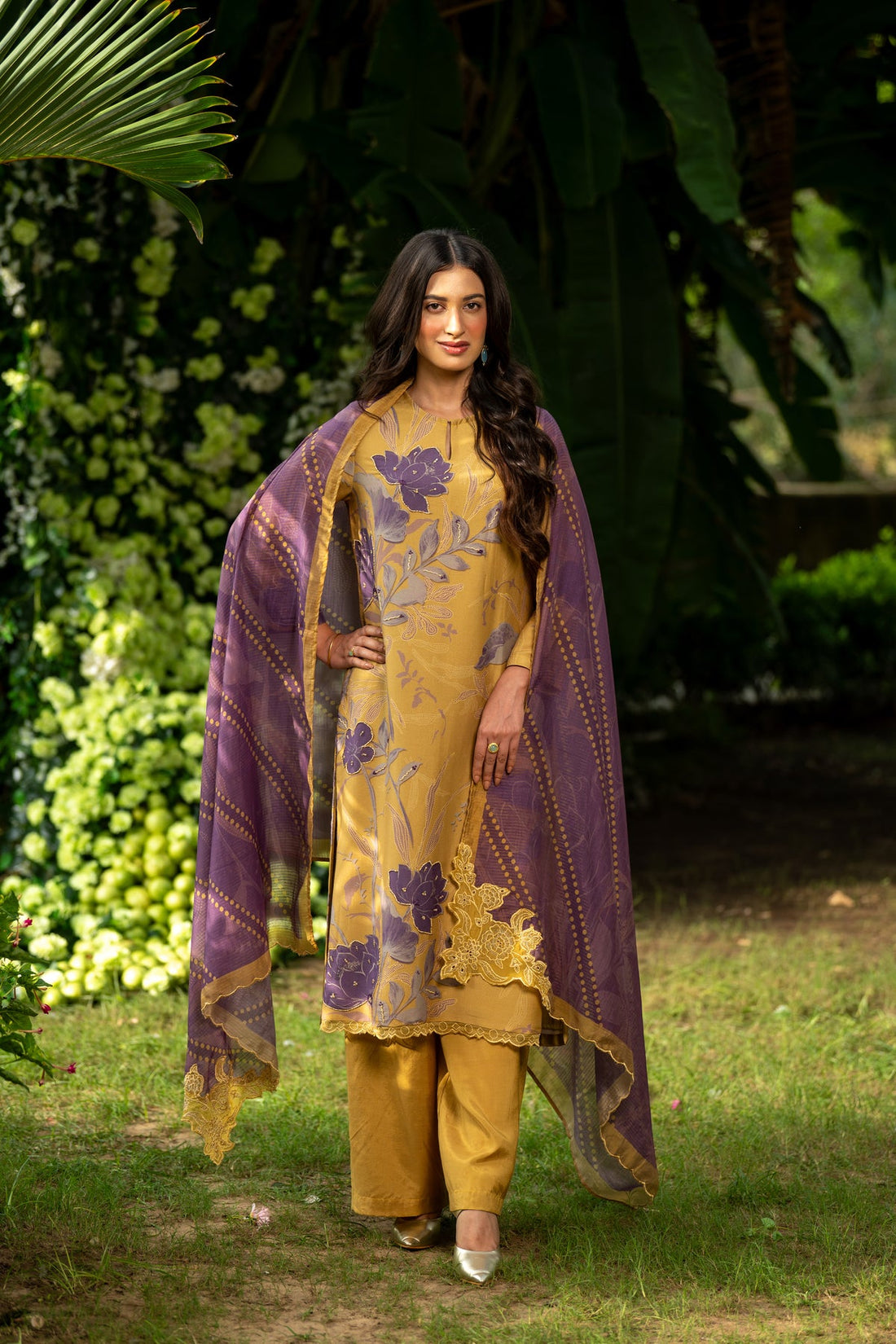yellow and purple Indian suit