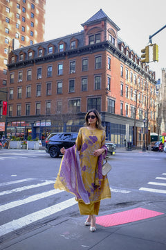Yellow and Purple Muslin Suit Set With Cut Work Dupatta