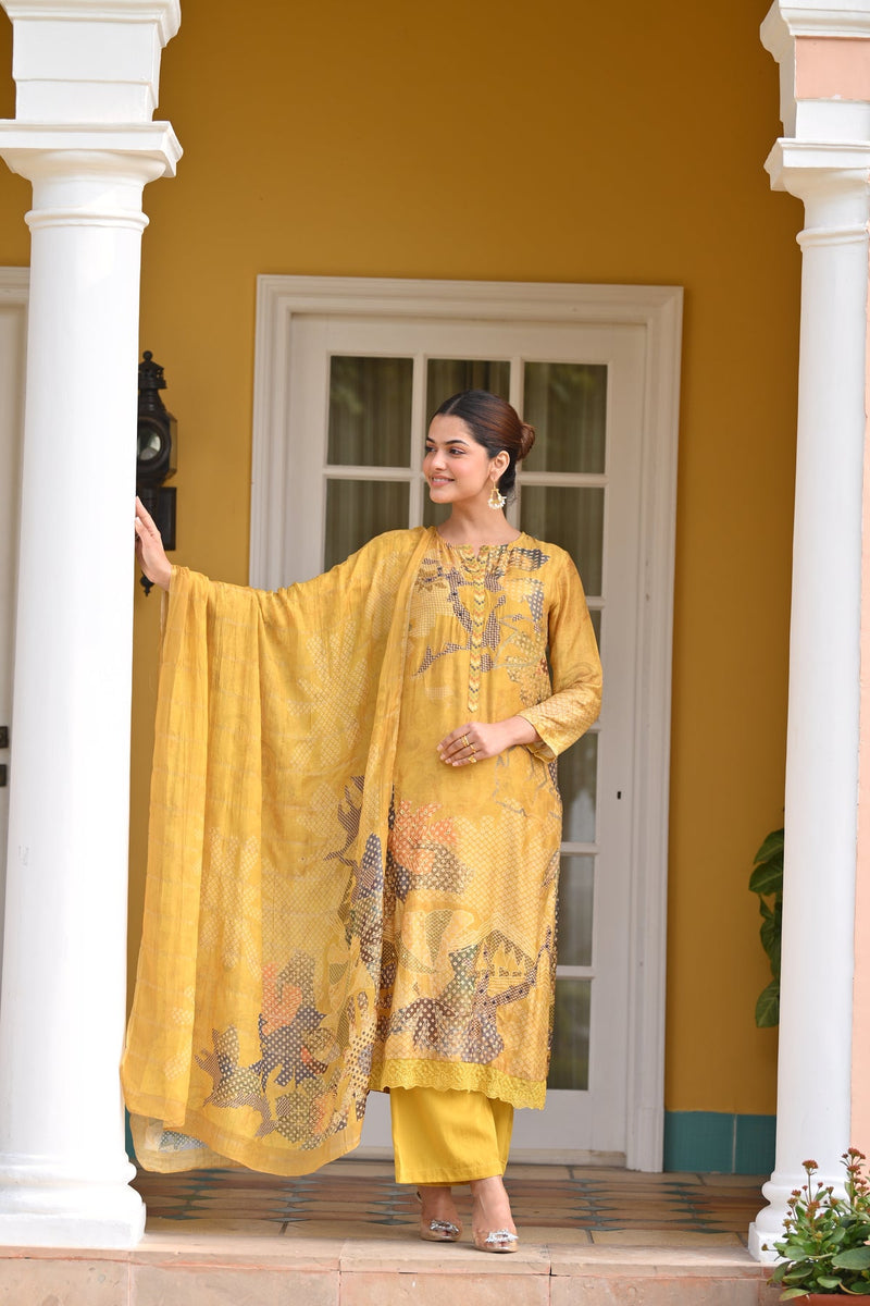 Yellow Bandhani pure muslin kurta set