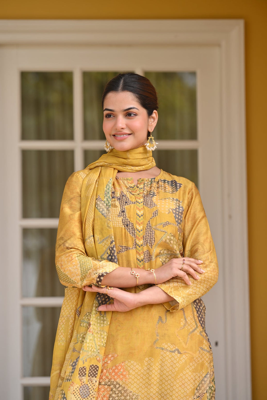 Cotton silk pant suit with muslin dupatta