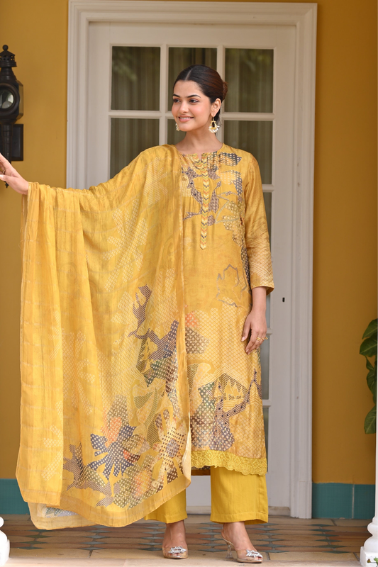 Yellow Bandhani Fagun Pure Muslin Suit Set 1200