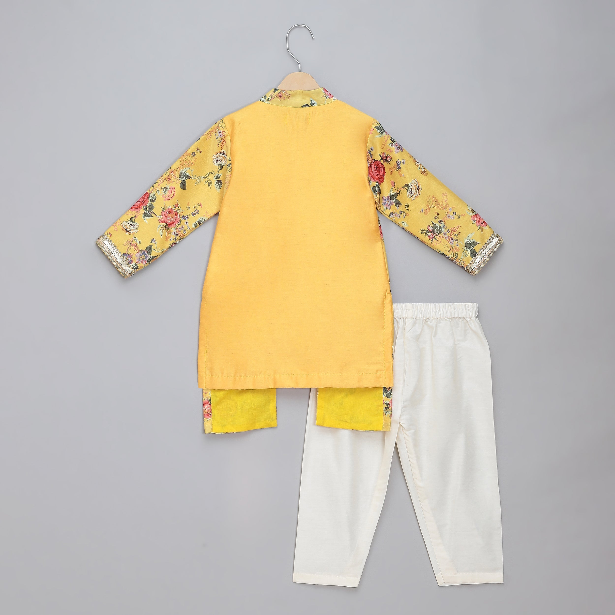 Yellow Boys Kurta Pyjama with Printed Jacket