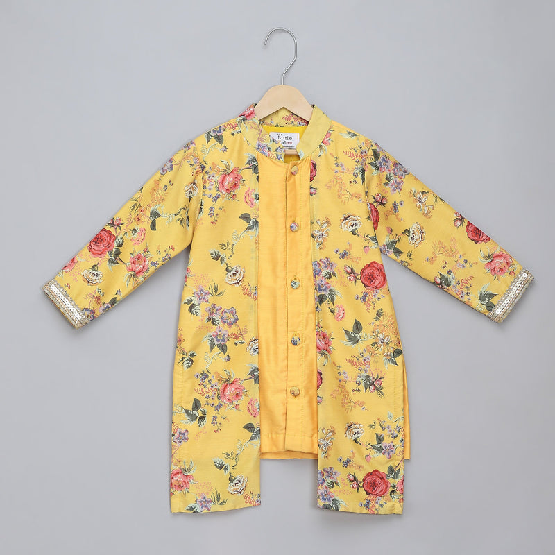 Yellow Boys Kurta Pyjama with Printed Jacket