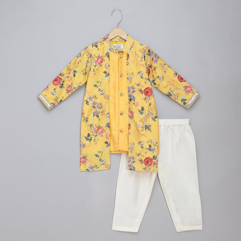 Yellow Kurta Pyjama with Printed Jacket
