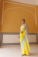 Yellow Shaded Mukaish Hand Embroidered Chiffon Saree