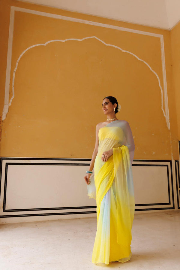 Yellow Shaded Mukaish Hand Embroidered Chiffon Saree