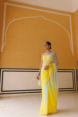 Yellow Shaded Mukaish Hand Embroidered Chiffon Saree