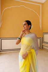Yellow Shaded Mukaish Hand Embroidered Chiffon Saree