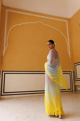 Yellow Shaded Mukaish Hand Embroidered Chiffon Saree