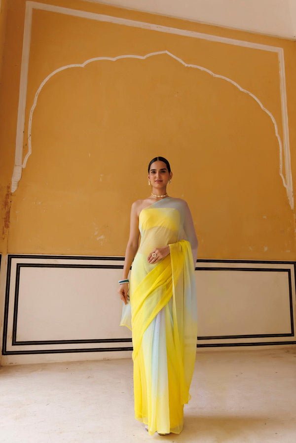 Yellow Shaded Mukaish Hand Embroidered Chiffon Saree