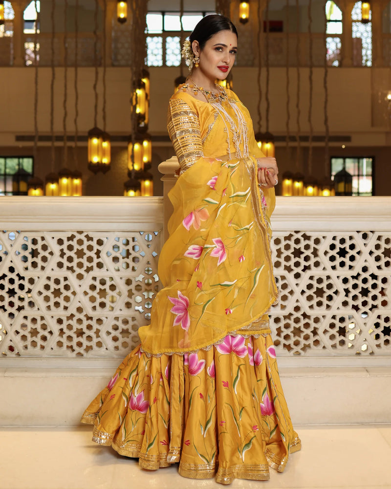 Yellow Slice Handpainted Lehenga Set with stitched blouse