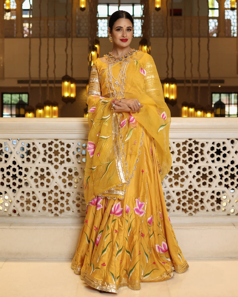 Yellow Slice Handpainted Lehenga Set with stitched blouse