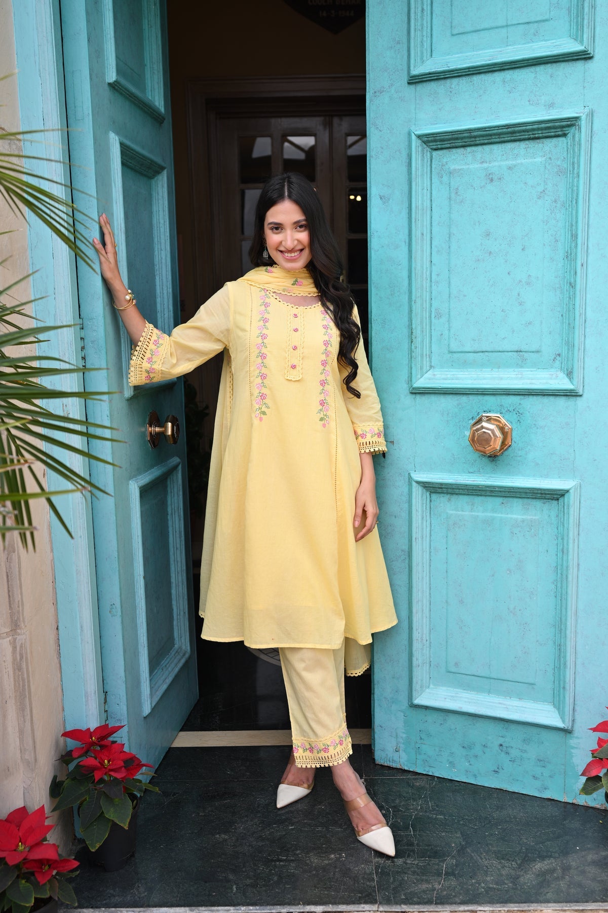 Yellow Spring Mul Cotton Cross Stitch Suit Set