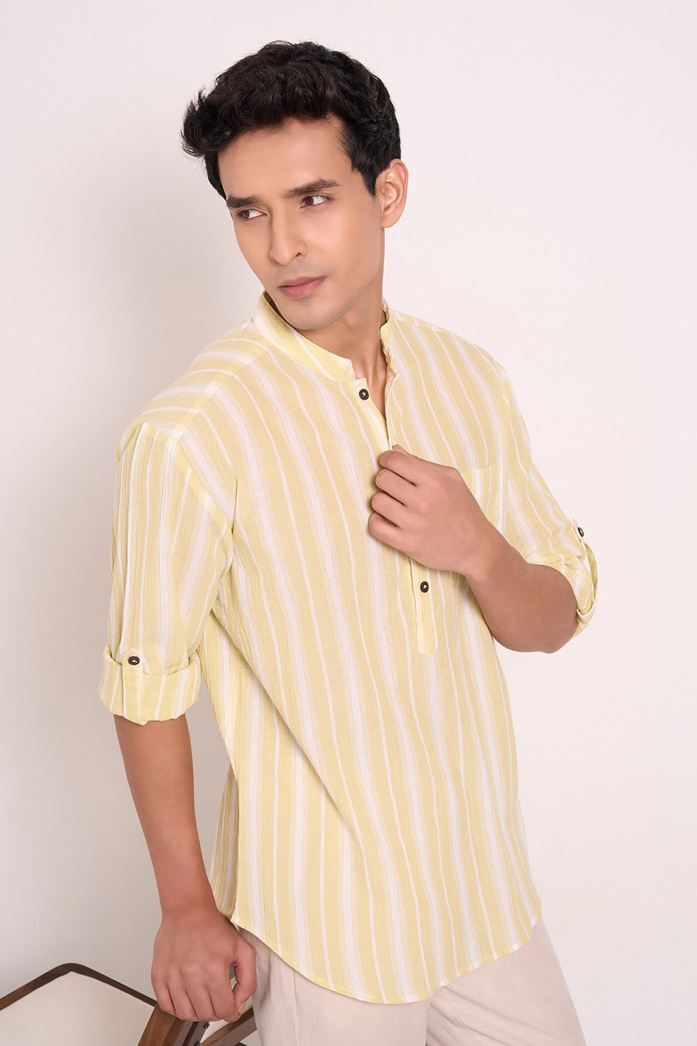 Yellow Textured Kurta Shirt Men