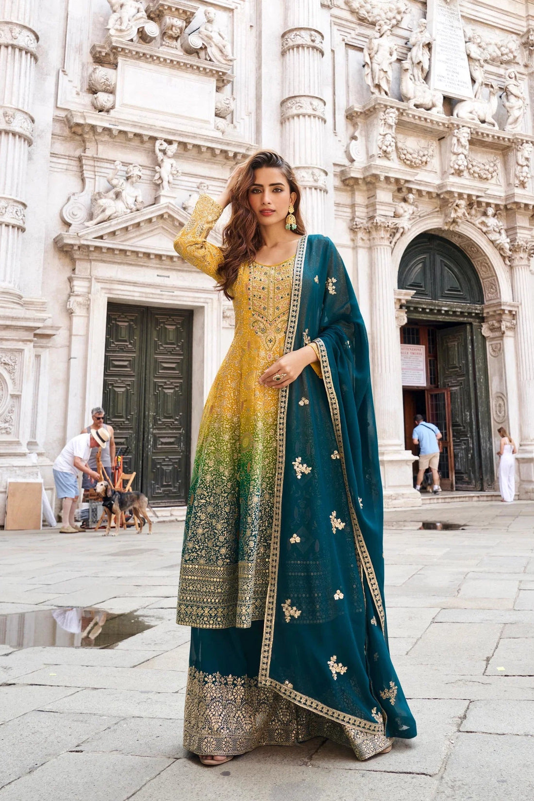 Mustard Yellow Viscose Silk Embroidered Kurta Set with Bottom & Teal Dupatta