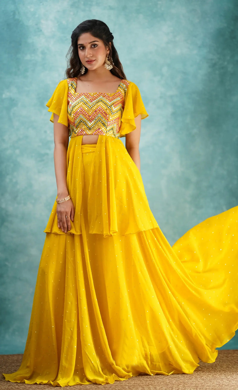 Zaara Georgette Yellow Top and Skirt Set