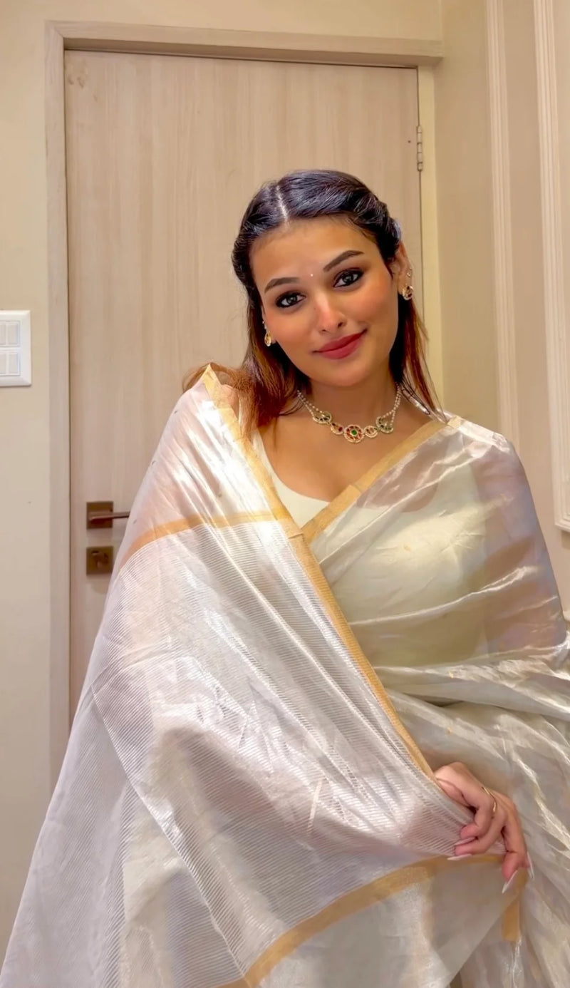 Ivory Chanderi Tissue Silk Saree with Golden Zari Bootis & Classic Zari Border