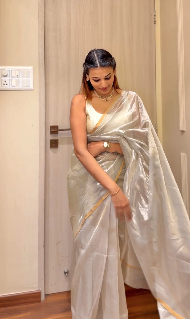 Ivory Chanderi Tissue Silk Saree with Golden Zari Bootis & Classic Zari Border