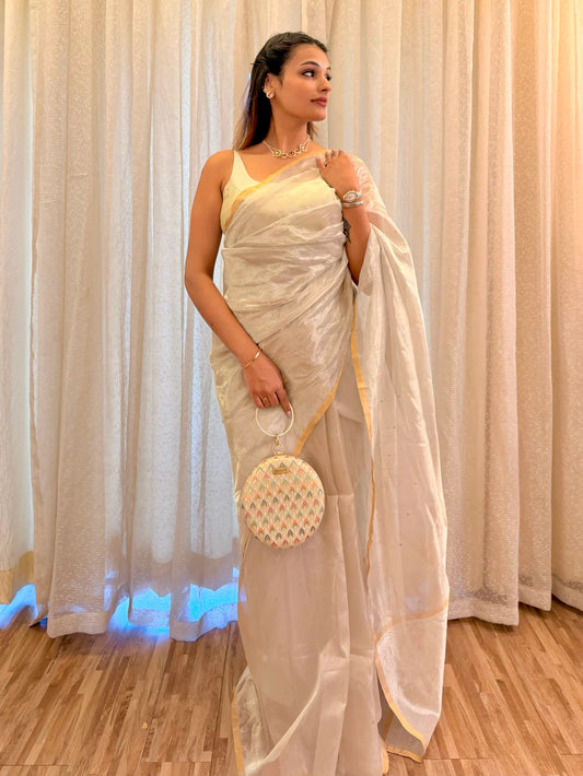 Ivory Chanderi Tissue Silk Saree with Golden Zari Bootis & Classic Zari Border