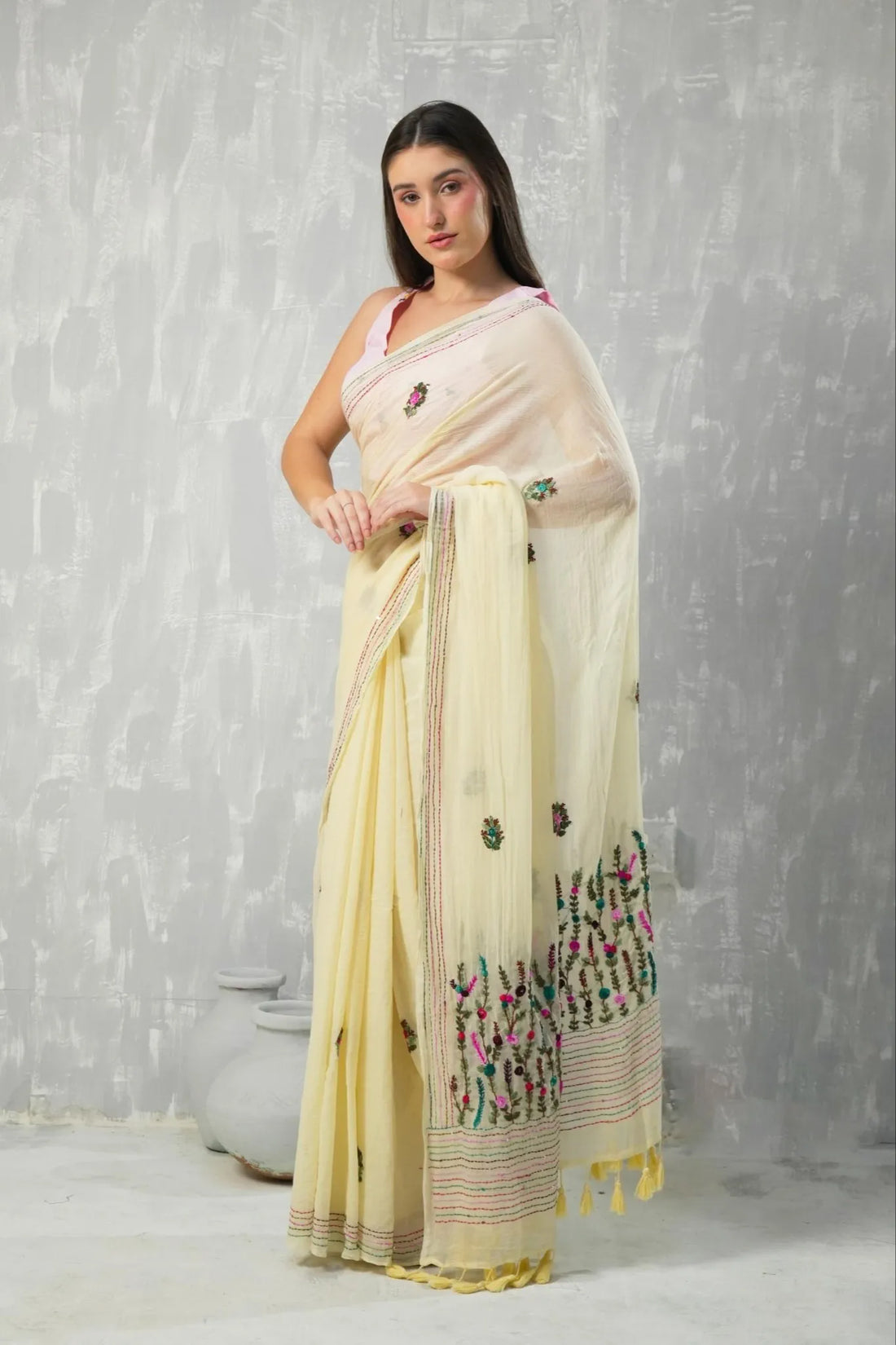 Cream Pure Mul Cotton Kantha Embroidered Saree