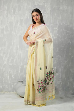 Cream Pure Mul Cotton Kantha Embroidered Saree