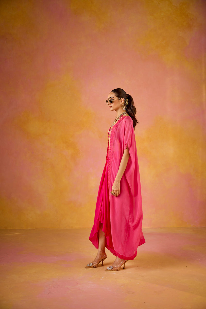 Zeba Hot Pink Embroidered Blouse and Crepe Skirt Set With Cape
