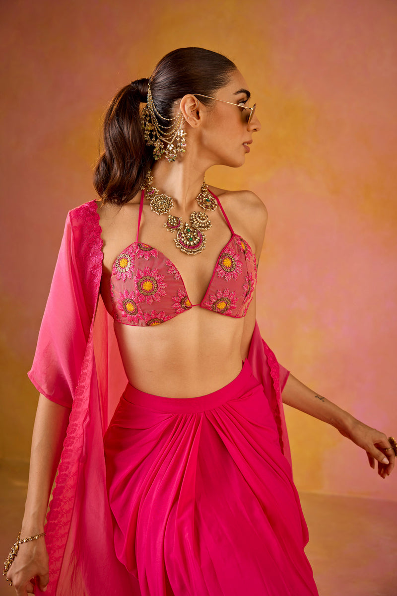 Zeba Hot Pink Embroidered Blouse and Crepe Skirt Set With Cape