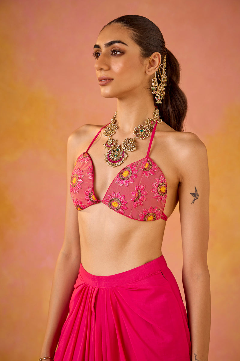 Zeba Hot Pink Embroidered Blouse and Crepe Skirt Set With Cape