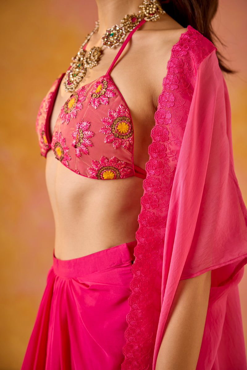 Zeba Hot Pink Embroidered Blouse and Crepe Skirt Set With Cape