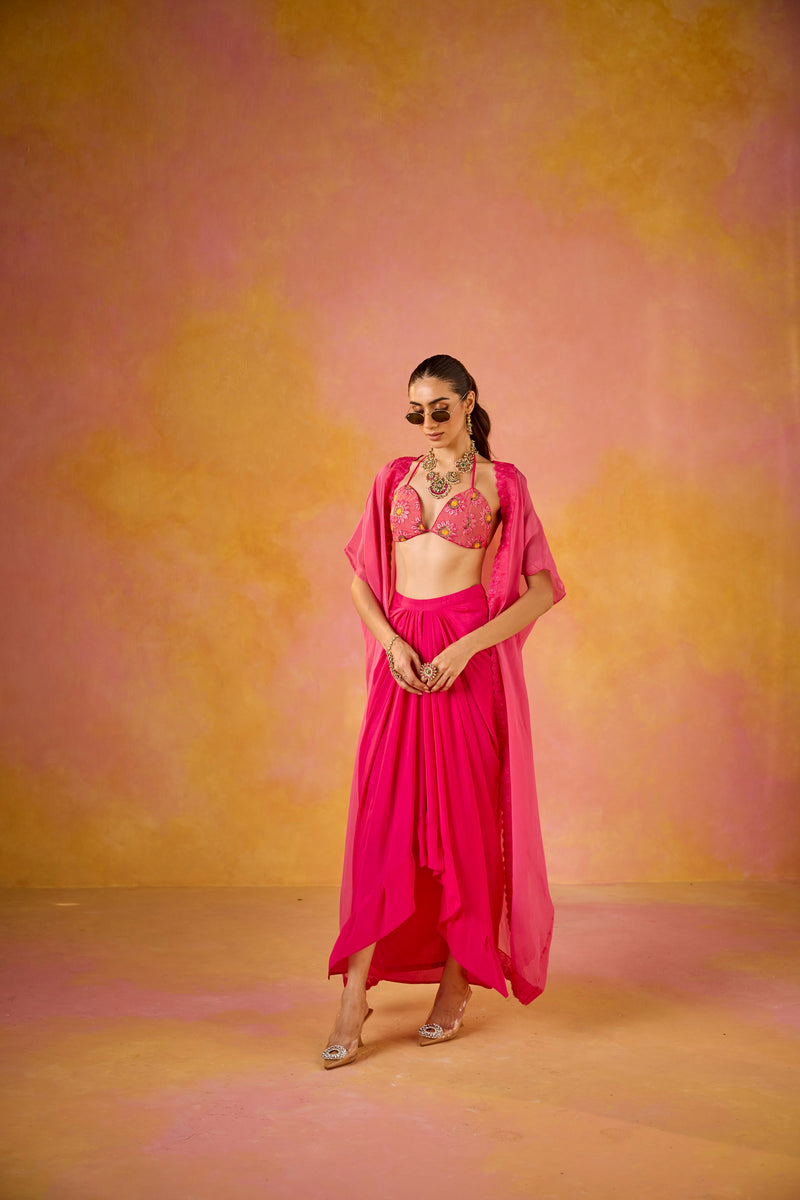 Zeba Hot Pink Embroidered Blouse and Crepe Skirt Set With Cape