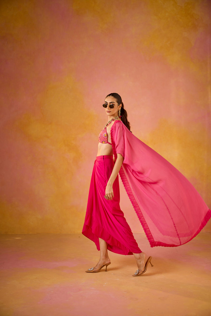 Zeba Hot Pink Embroidered Blouse and Crepe Skirt Set With Cape