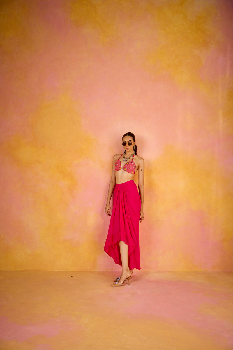 Zeba Hot Pink Embroidered Blouse and Crepe Skirt Set With Cape