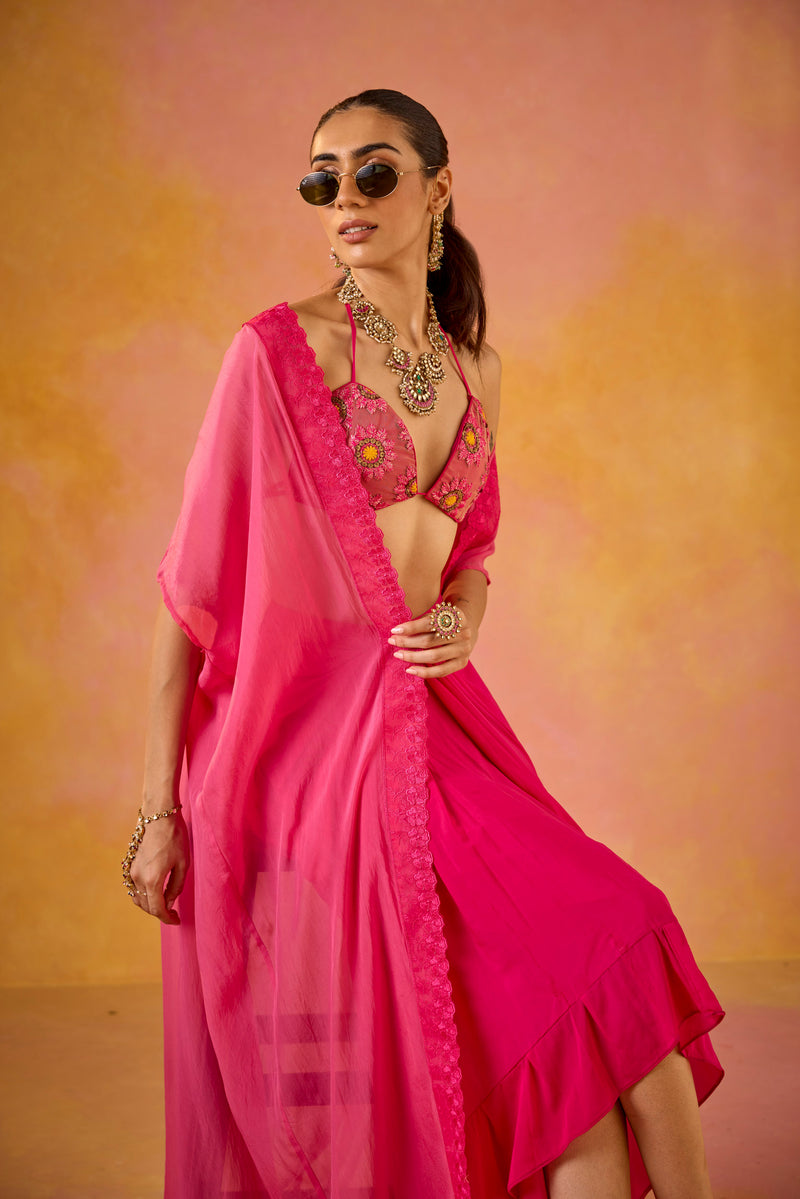 Zeba Hot Pink Embroidered Blouse and Crepe Skirt Set With Cape
