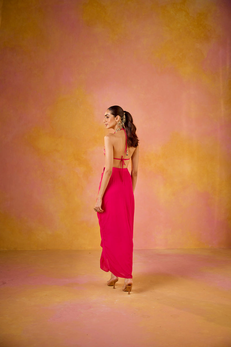 Zeba Hot Pink Embroidered Blouse and Crepe Skirt Set With Cape