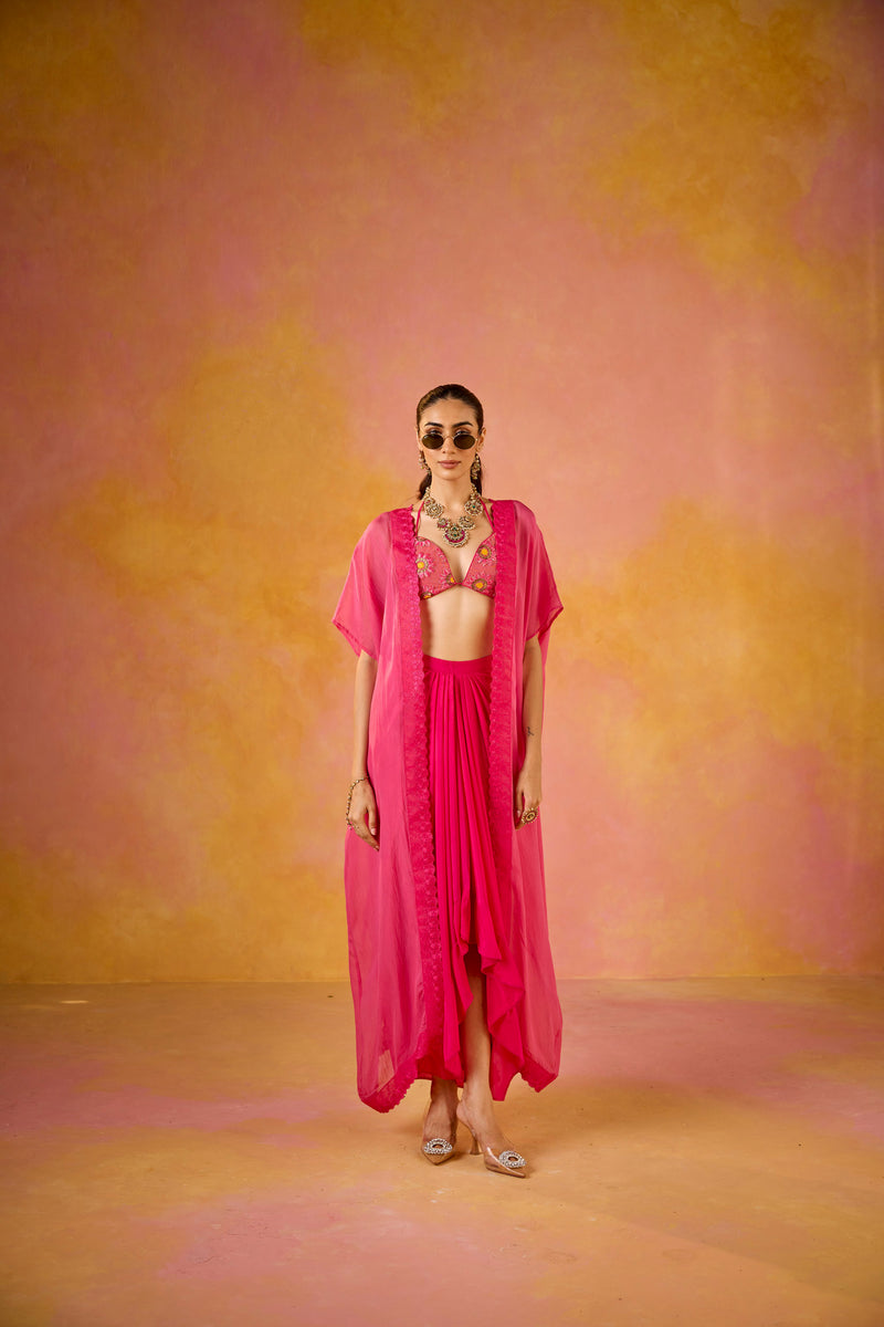Zeba Hot Pink Embroidered Blouse and Crepe Skirt Set With Cape